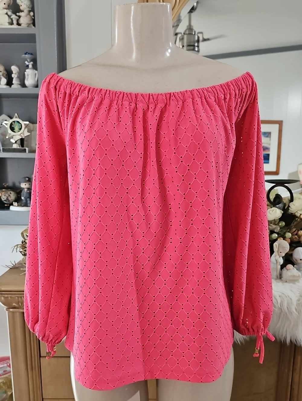 MK Women's Off-Shoulder Eyelet Blouse - Pink Size P/L